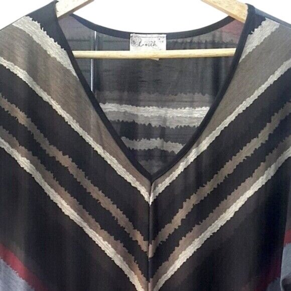 2/$15 Lavish Drawstring Top Gray Medium Batwing Short Sleeve Red V-Neck Stripe - Picture 3 of 6